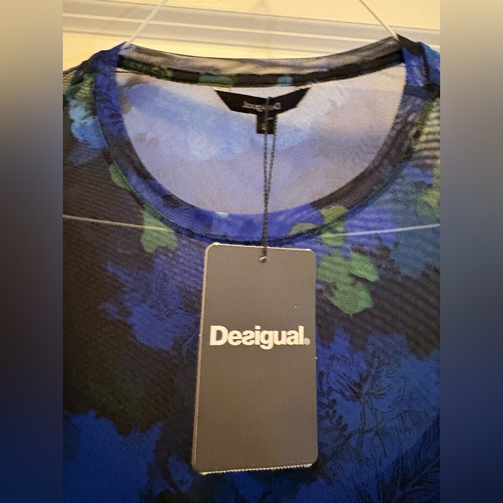 Desigual Floral Mesh Layered Midi Dress Blue Black Size L NWT - Picture 5 of 17